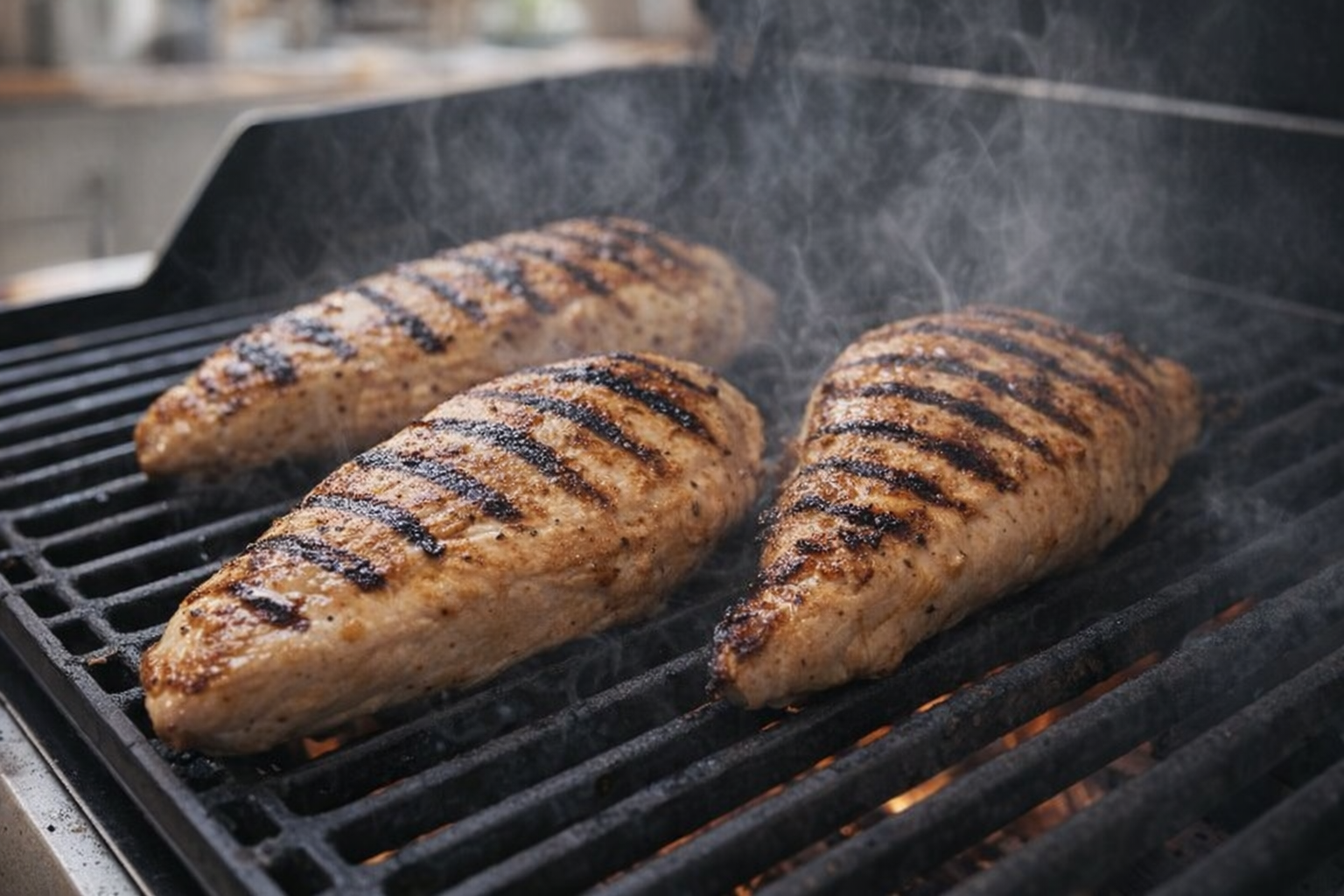 A close-up, angled shot of chicken breasts grilling on a gas grill, with visible grill marks and steam rising from the chicken.